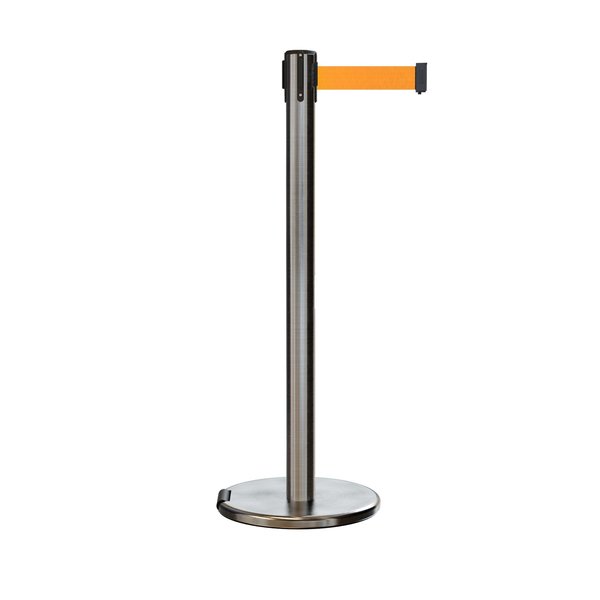 Montour Line Retractable Belt Rolling Stanchion, 2.5ft Sat.Steel Post  7.5ft Fl.Org ME630-SS-FOR-75